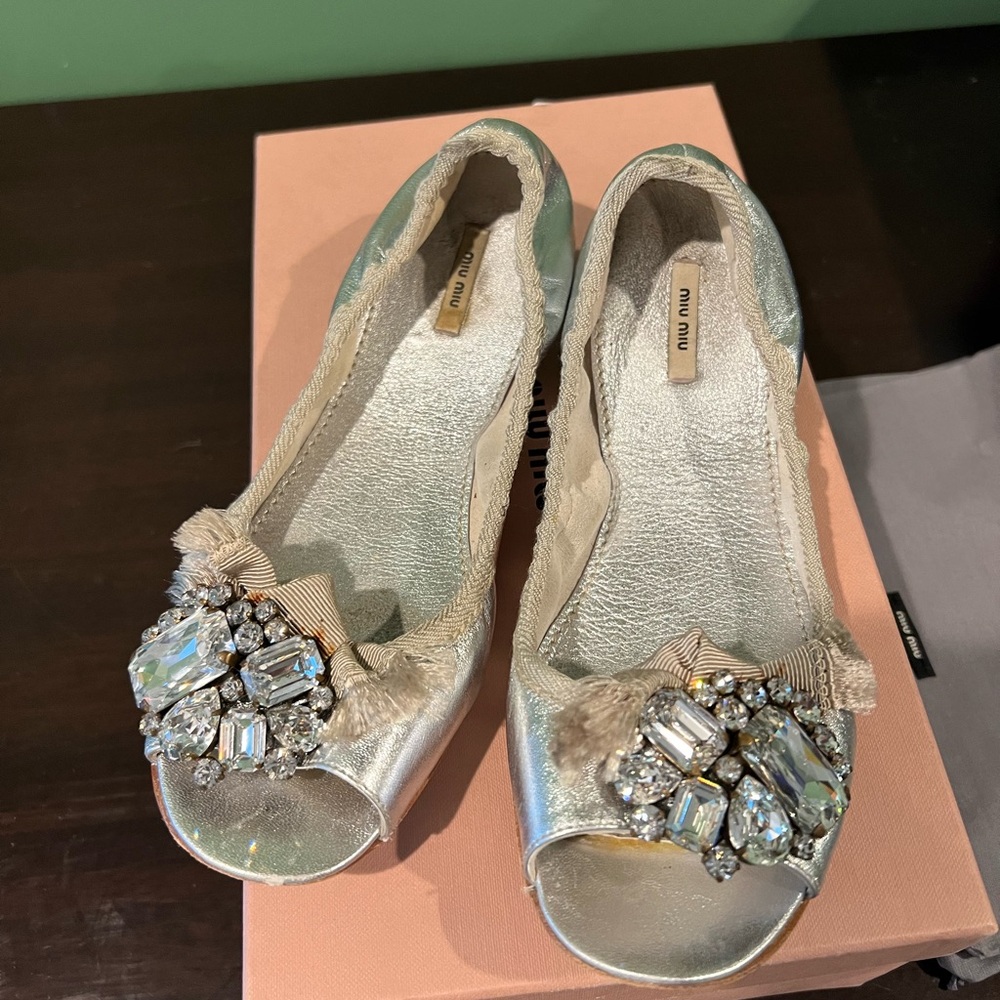 Miu Miu Silver Flats with Decorative Embellishment